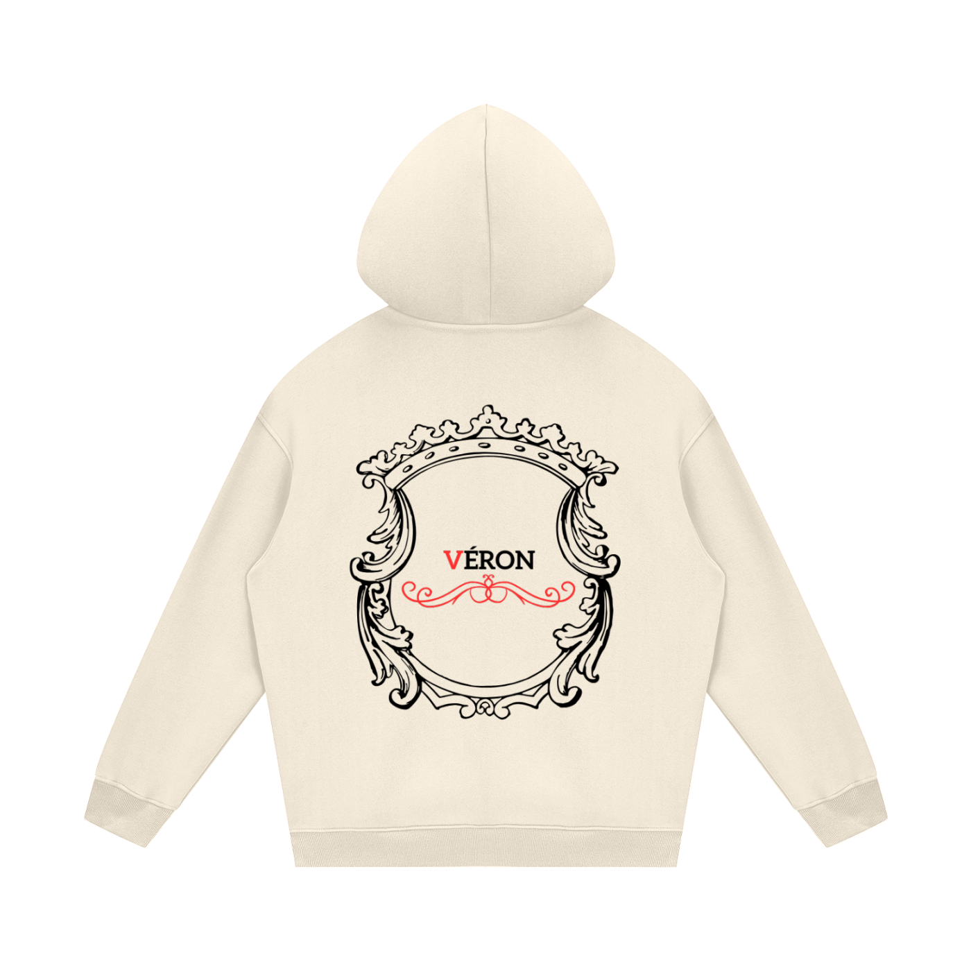 Beige hoodie with decorative emblem and 'Véron' text on a white background