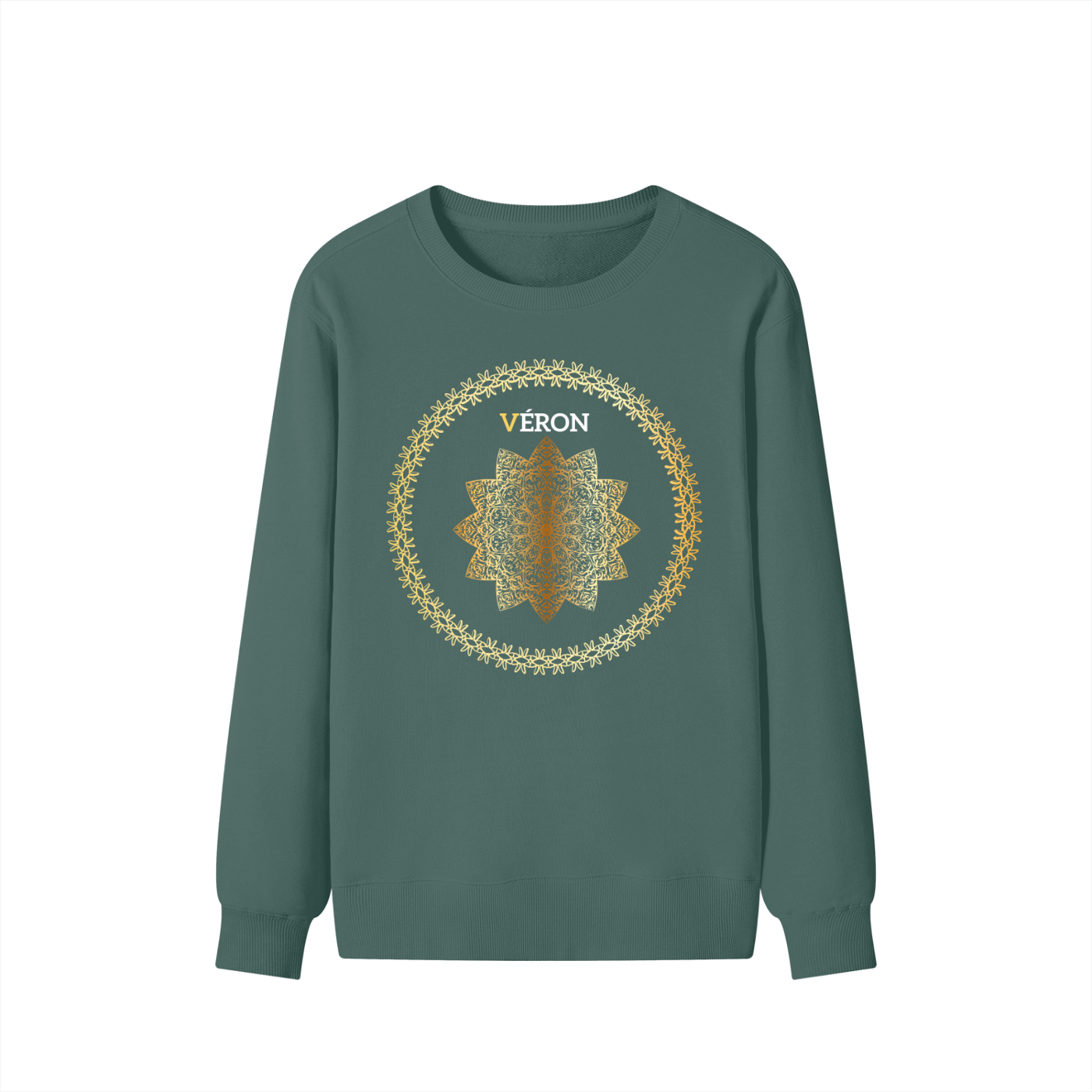 Green sweatshirt with a decorative emblem and 'VERON' text on a white background