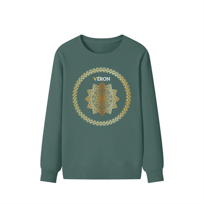 Green sweatshirt with a decorative emblem and 'VERON' text on a white background