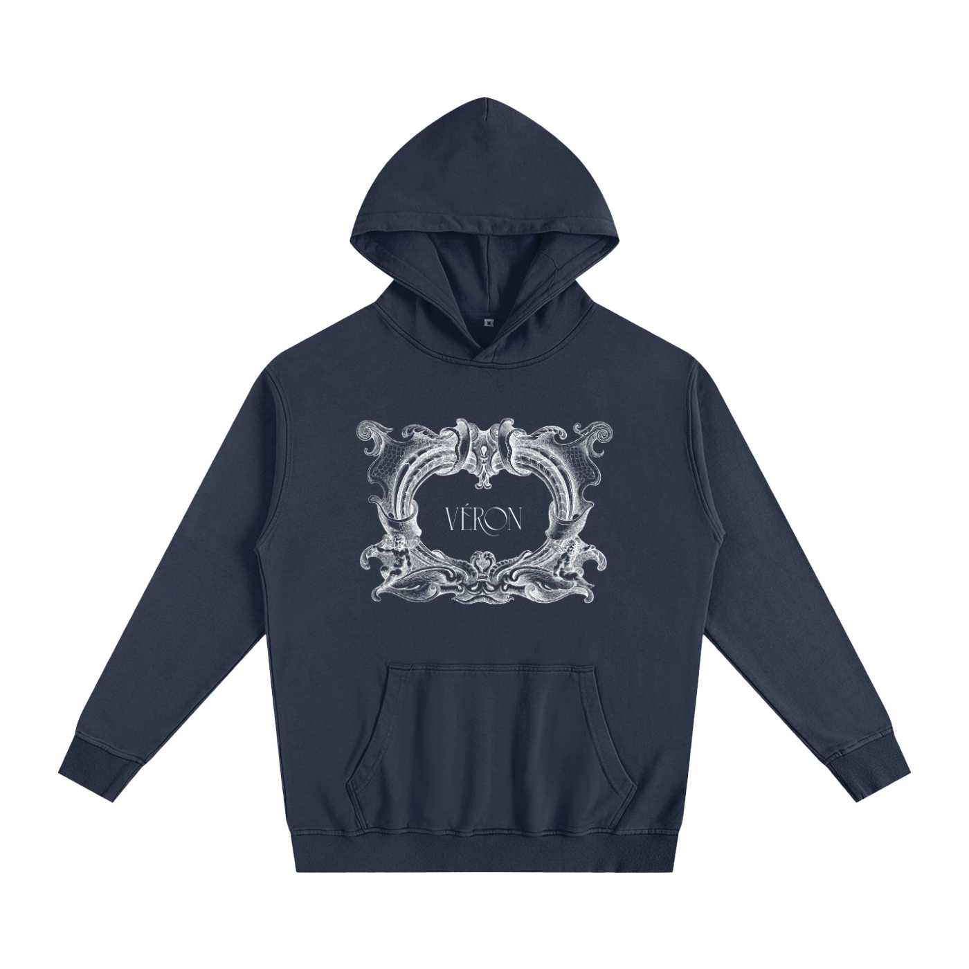 Navy blue hoodie with decorative white design and 'VERON' text on a white background