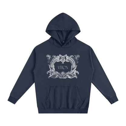 Navy blue hoodie with decorative white design and 'VERON' text on a white background