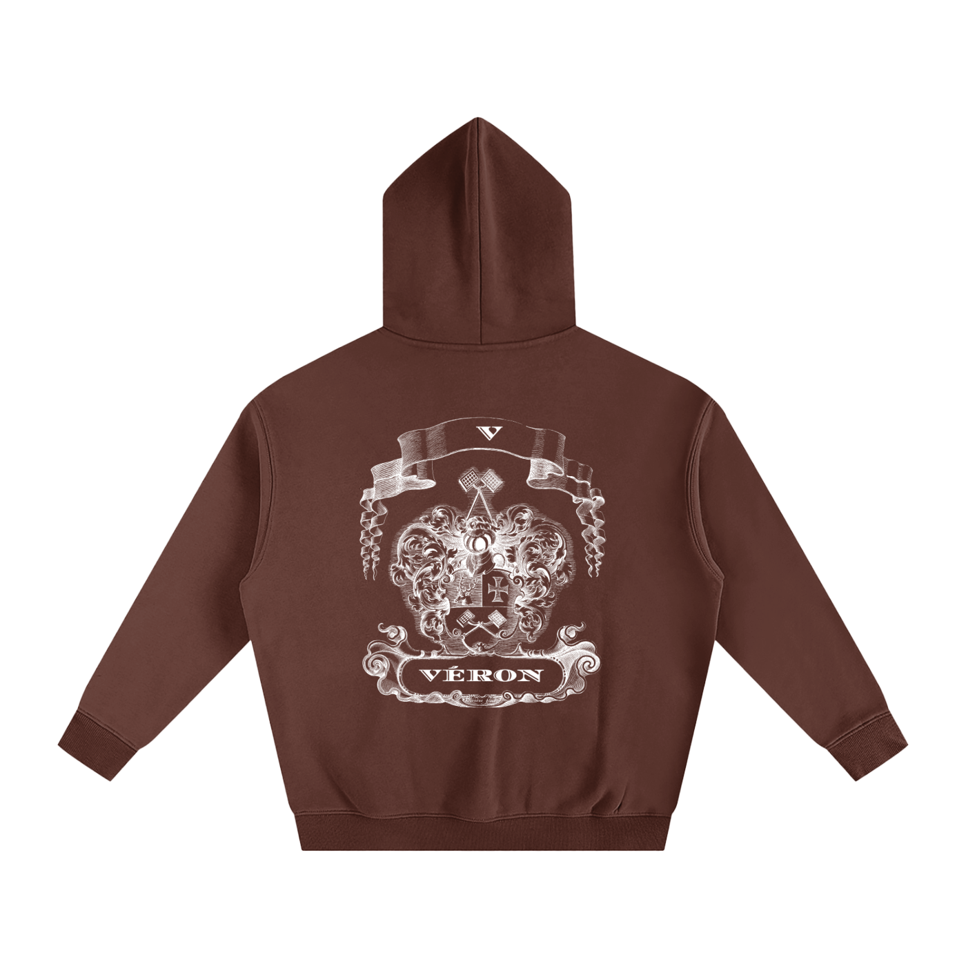 Brown hoodie with a white emblem and 'VERON' text on the back against a white background