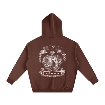 Brown hoodie with a white emblem and 'VERON' text on the back against a white background