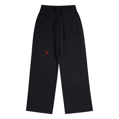 Black pants with a small red and green logo on a white background