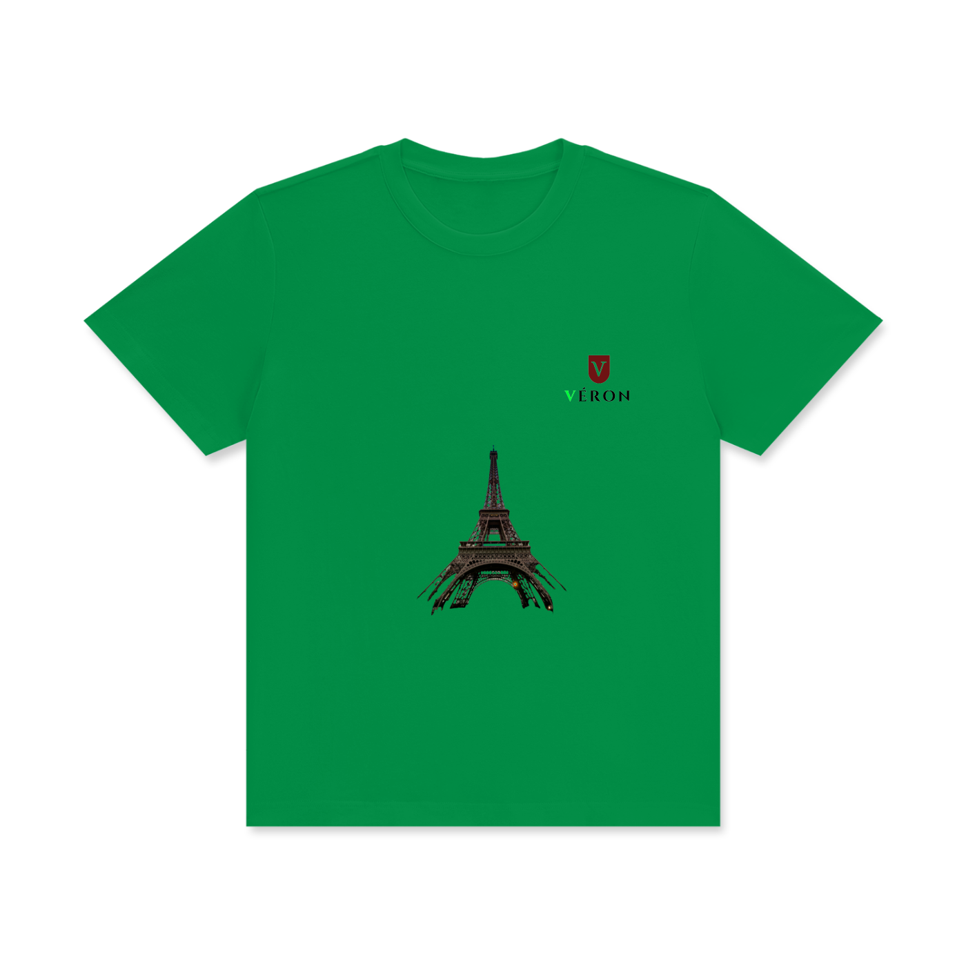 Green t-shirt with Eiffel Tower graphic and 'Erah' logo on a white background