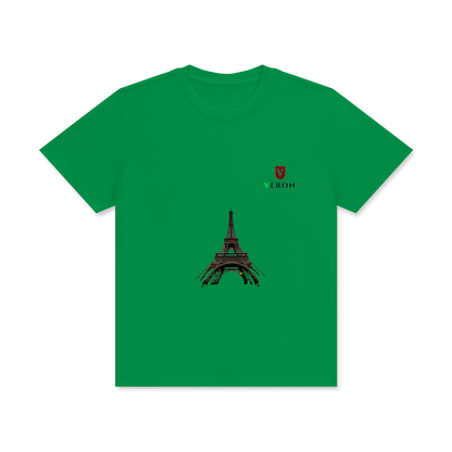 Green t-shirt with Eiffel Tower graphic and 'Erah' logo on a white background