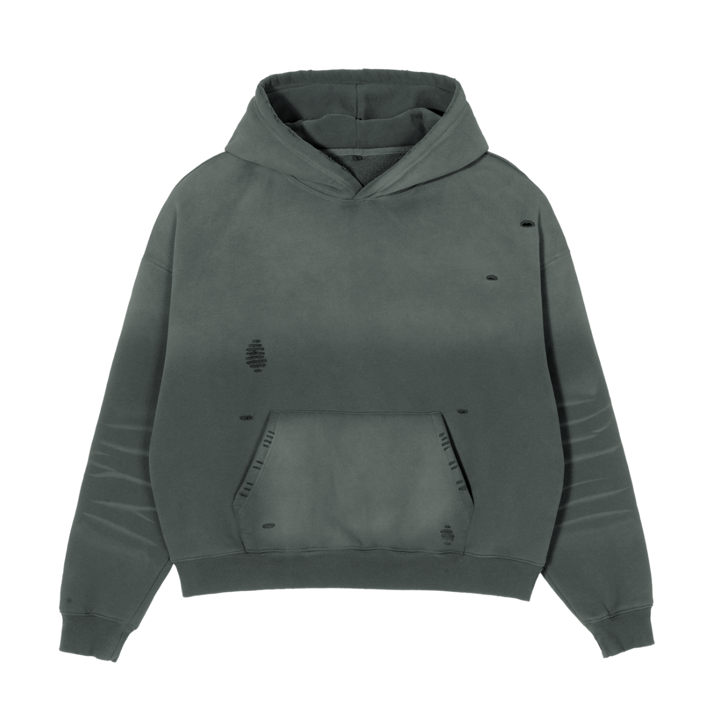 Gray hoodie with distressed details on a white background