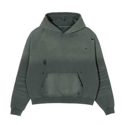 Gray hoodie with distressed details on a white background
