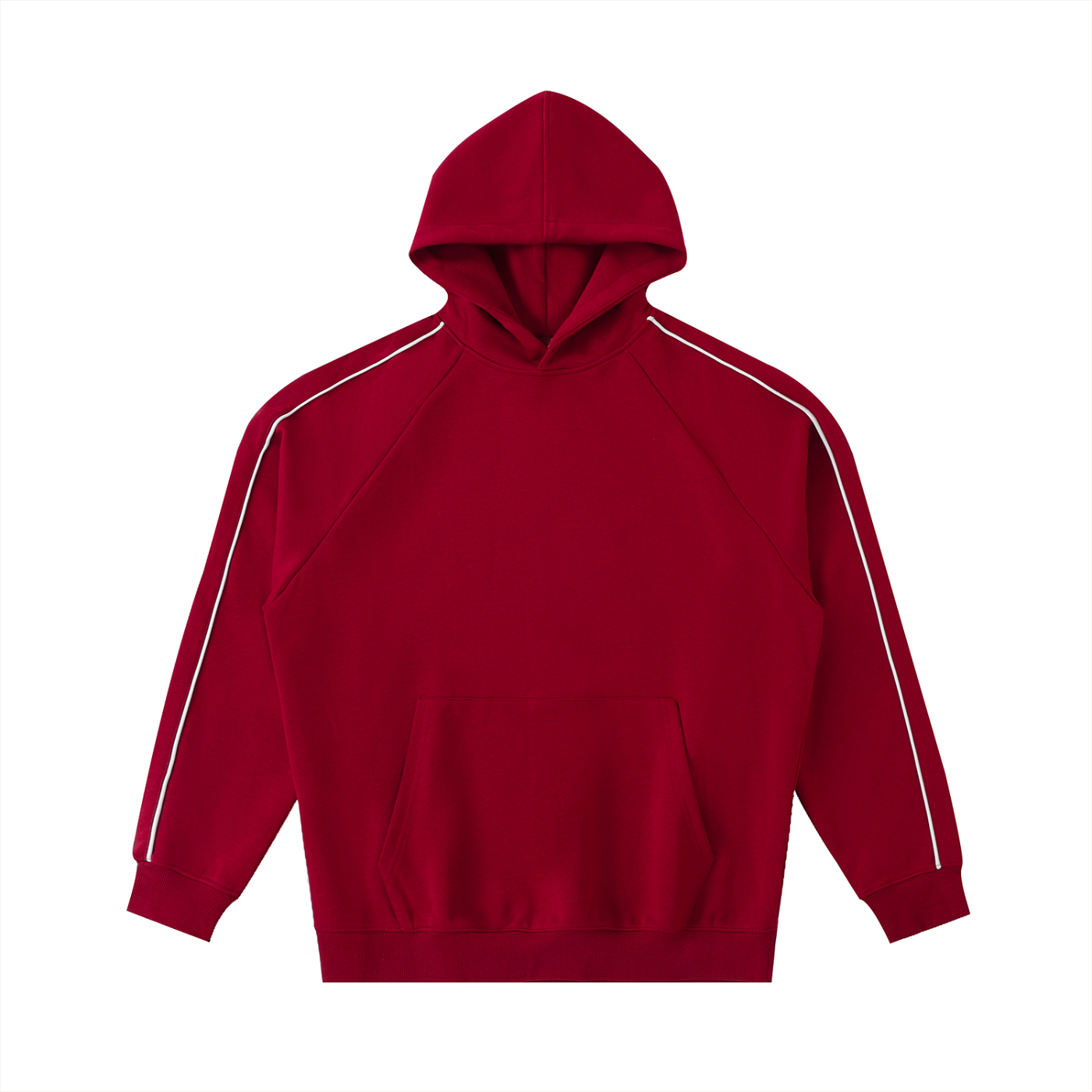 Red hoodie with white stripes on sleeves on a white background