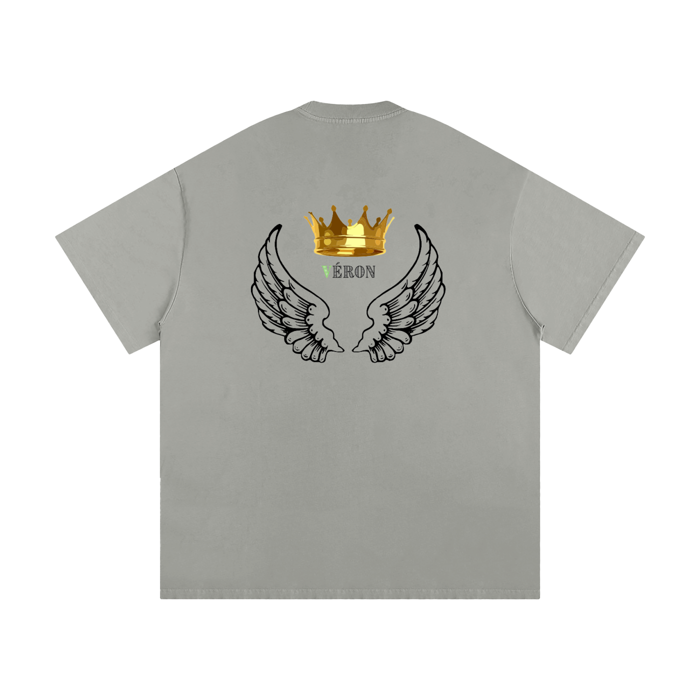Gray t-shirt with wings and crown design on the back, brand 'VÉRON' visible.