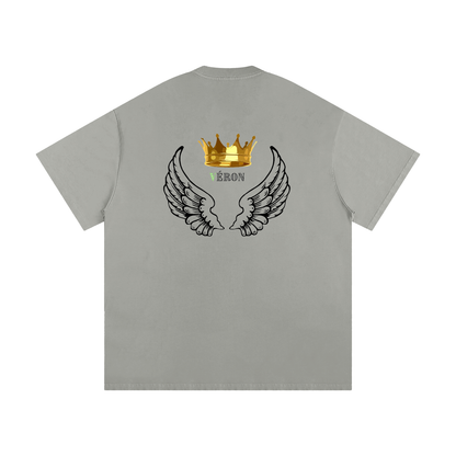 Gray t-shirt with wings and crown design on the back, brand 'VÉRON' visible.