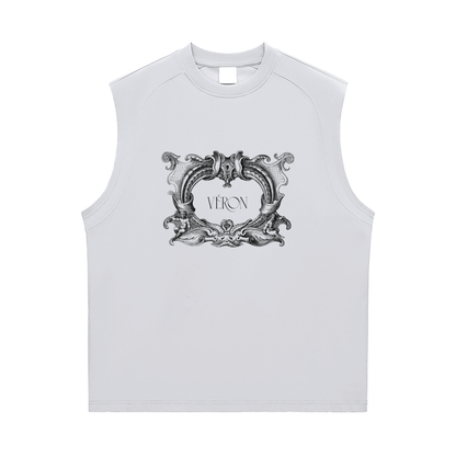 White sleeveless shirt with decorative black design and 'VERON' text on a white background