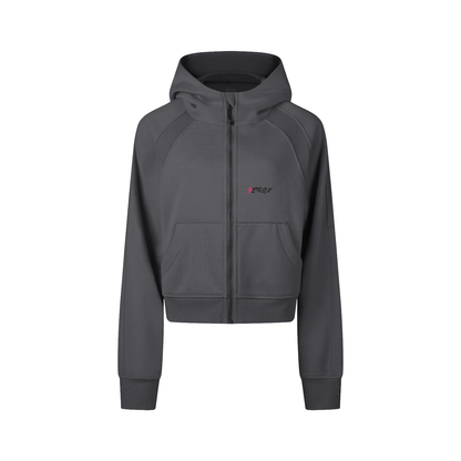 Gray hoodie with a brand logo on a white background