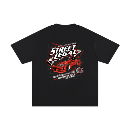 Black t-shirt with 'Street Legal' graphic design featuring a red car on a white background
