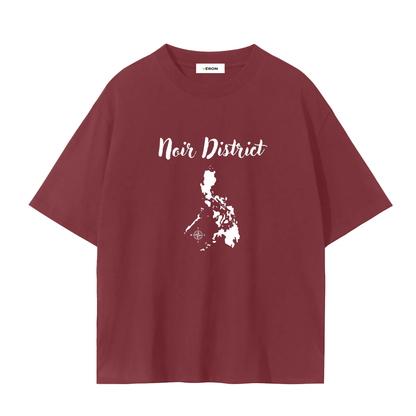 Maroon t-shirt with 'Noir District' text and map design on a white background