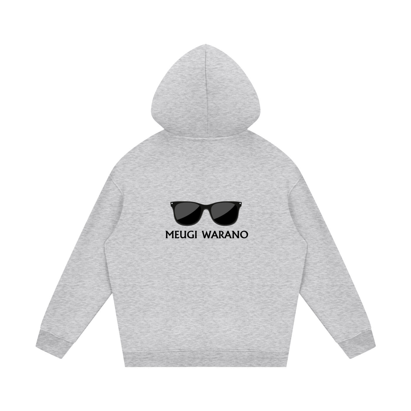 Gray hoodie with sunglasses graphic and 'MEUGI WARANO' text on a white background