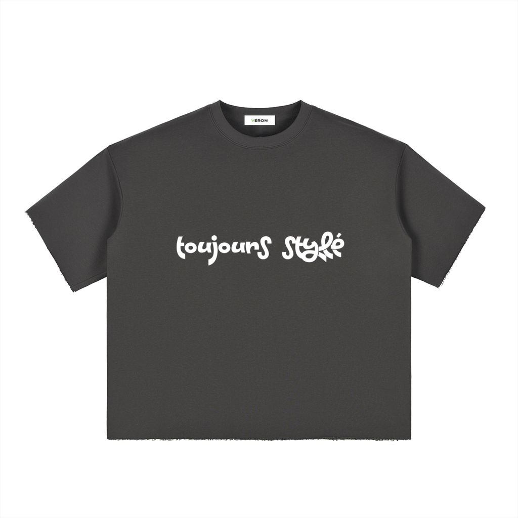 Black t-shirt with white text 'toujours stylé' on a white background