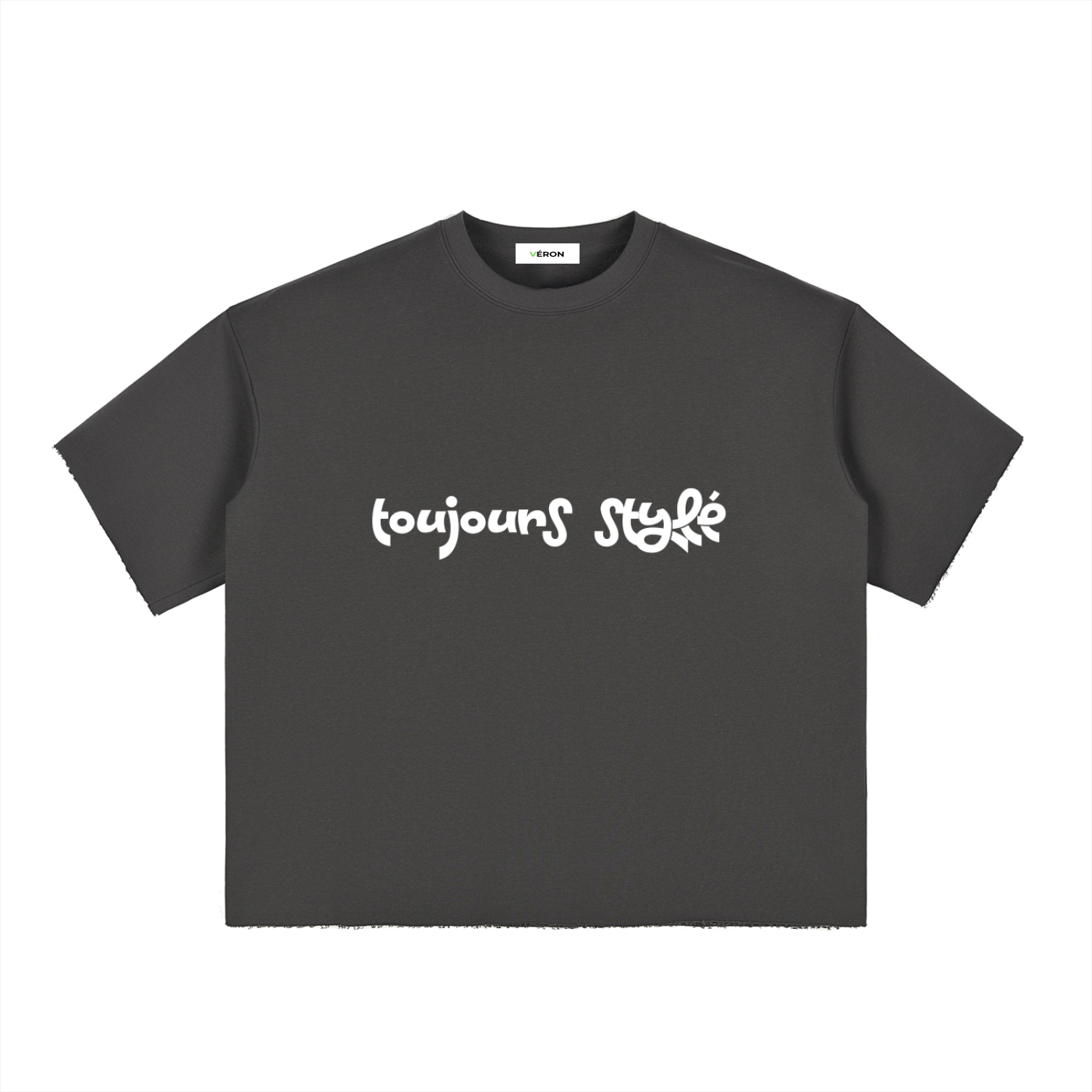 Black t-shirt with white text 'toujours stylé' on a white background