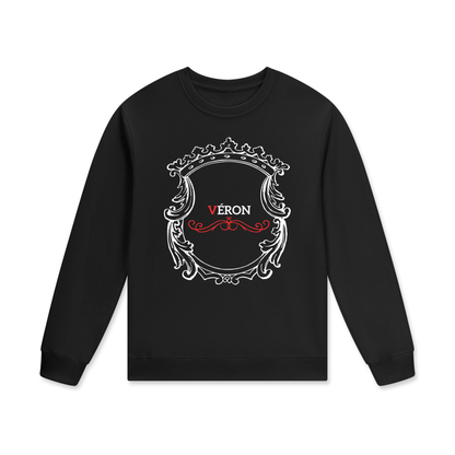Black sweatshirt with decorative emblem and 'VERON' text on a white background
