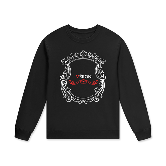 Black sweatshirt with decorative emblem and 'VERON' text on a white background