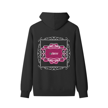 VERON Black hoodie with a pink and white design on the back against a white background
