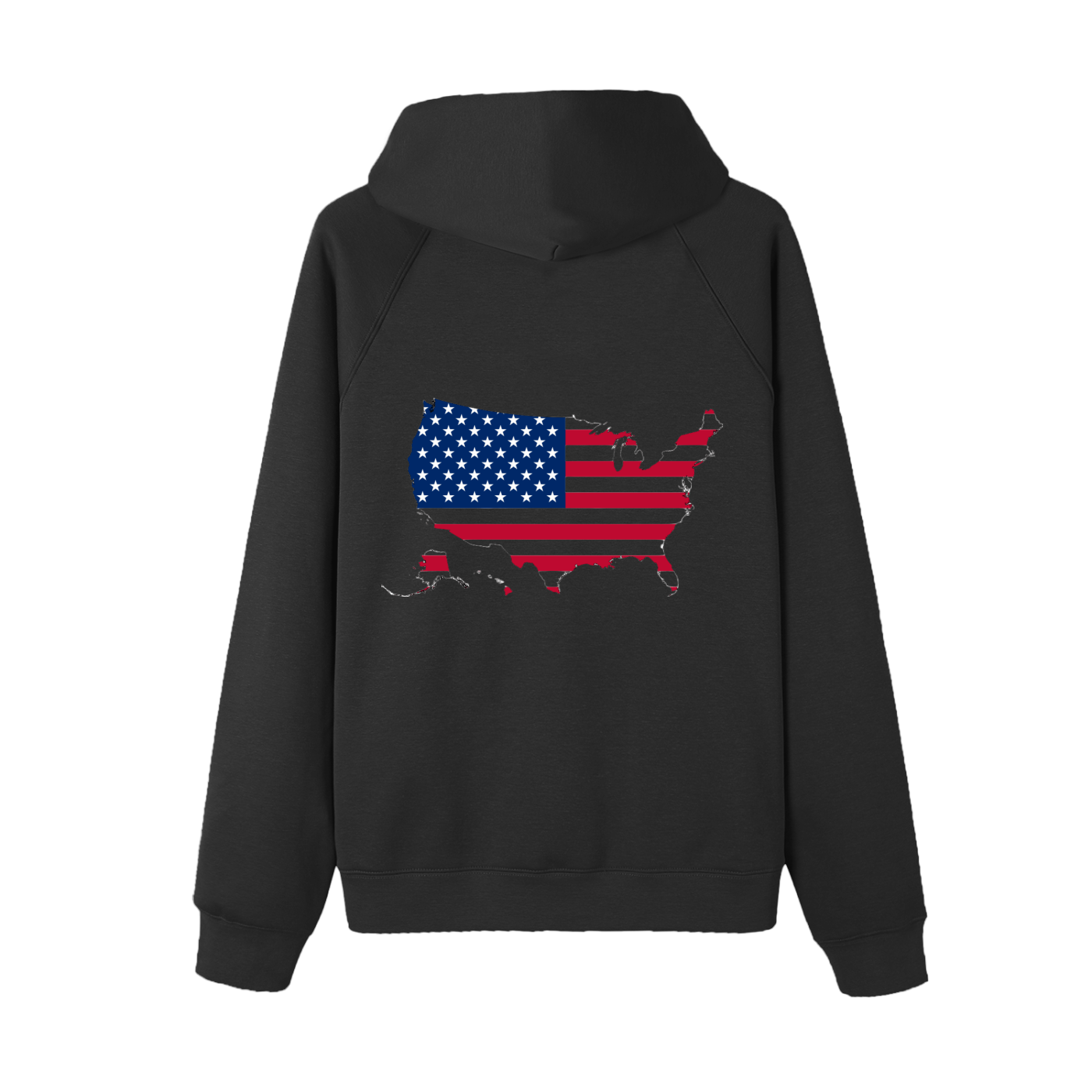 VERON Black hoodie with American flag and map design on a white background