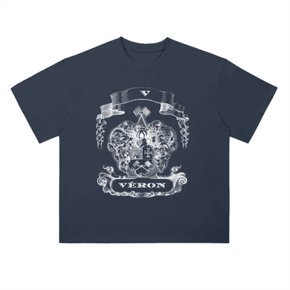 Navy blue t-shirt with white graphic design and 'Véron' text on a white background