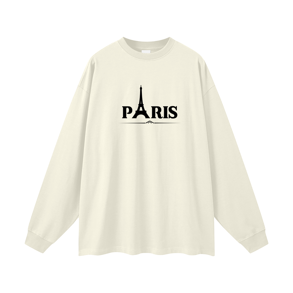 White long-sleeve shirt with 'PARIS' and Eiffel Tower design on a white background