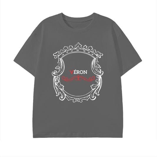 Gray t-shirt with decorative emblem and 'VERON' text on a white background