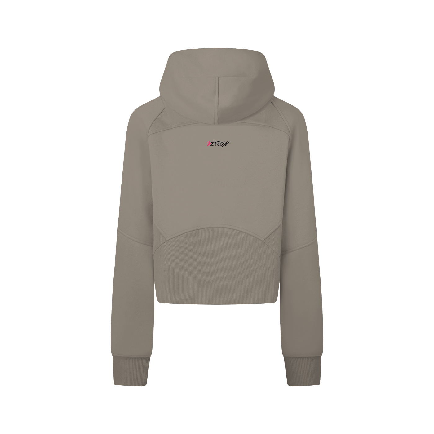 Beige hoodie with a brand logo on the back against a white background