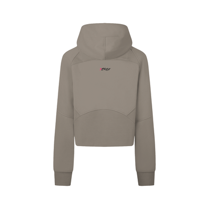 Beige hoodie with a brand logo on the back against a white background