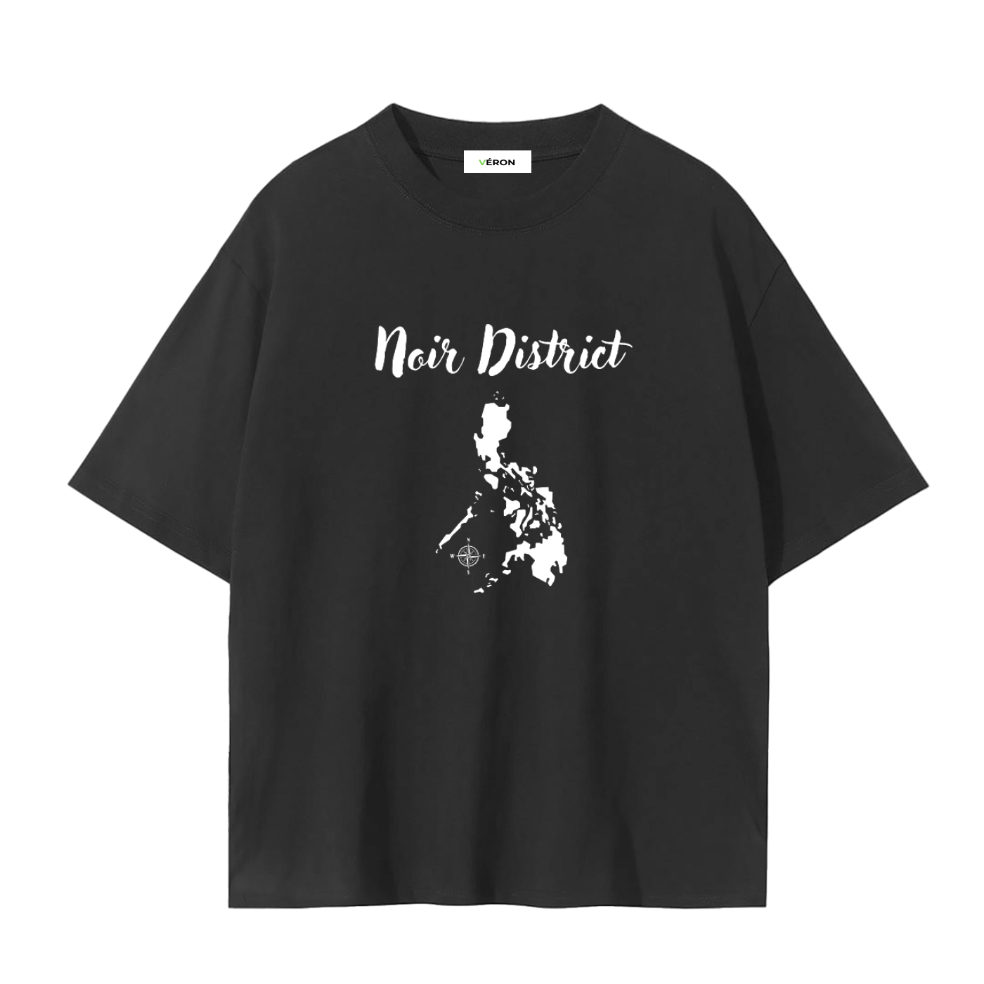 Black t-shirt with 'Noir District' text and map design on a white background