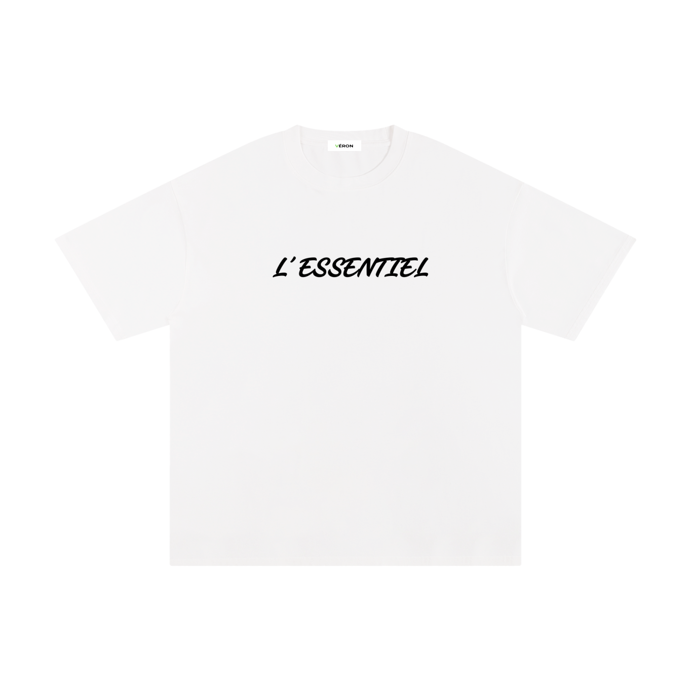 White t-shirt with 'L'ESSENTIEL' text on a white background