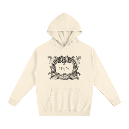 Beige hoodie with decorative emblem and 'VERON' text on a white background
