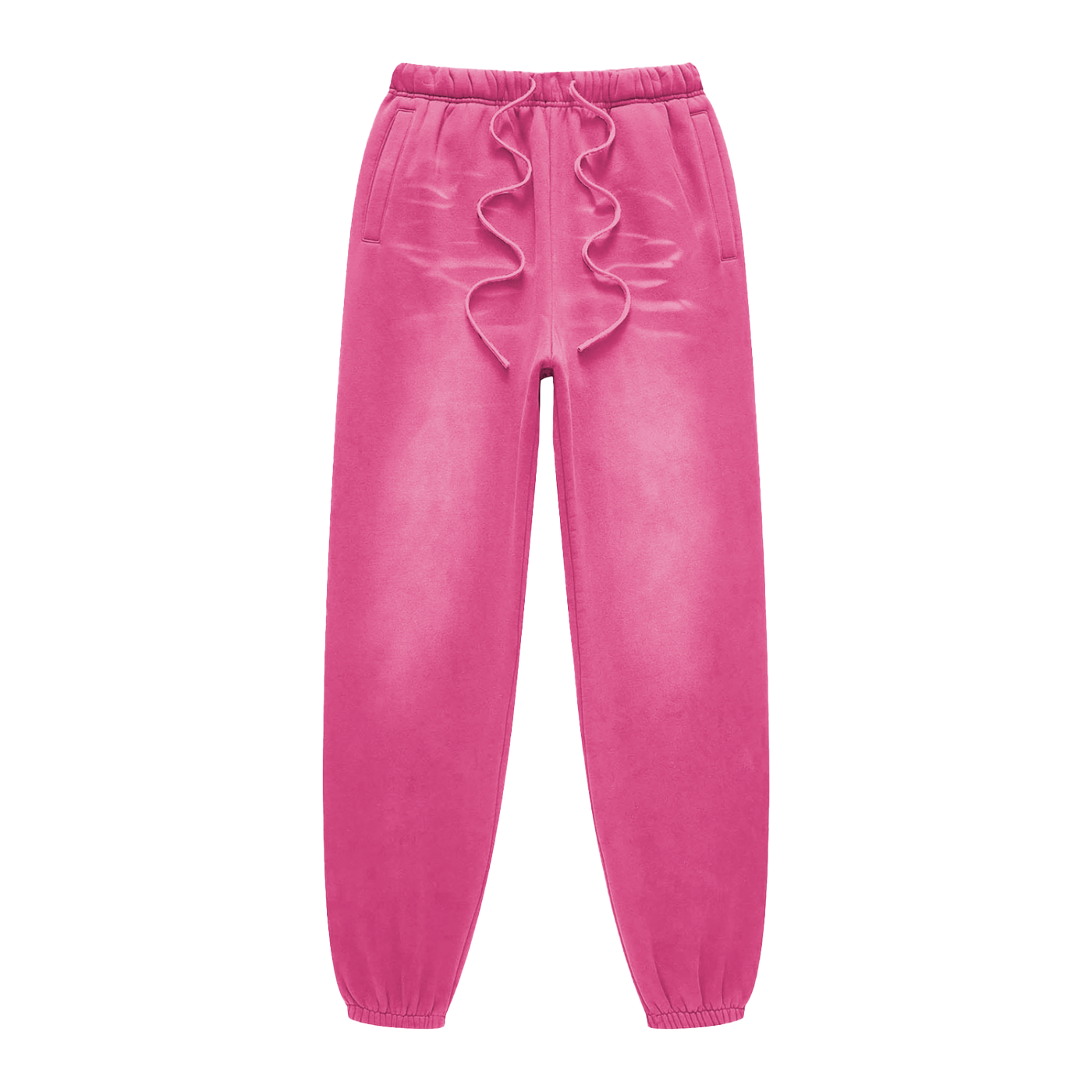 Pink velvet jogger pants with ruffled drawstring on a white background