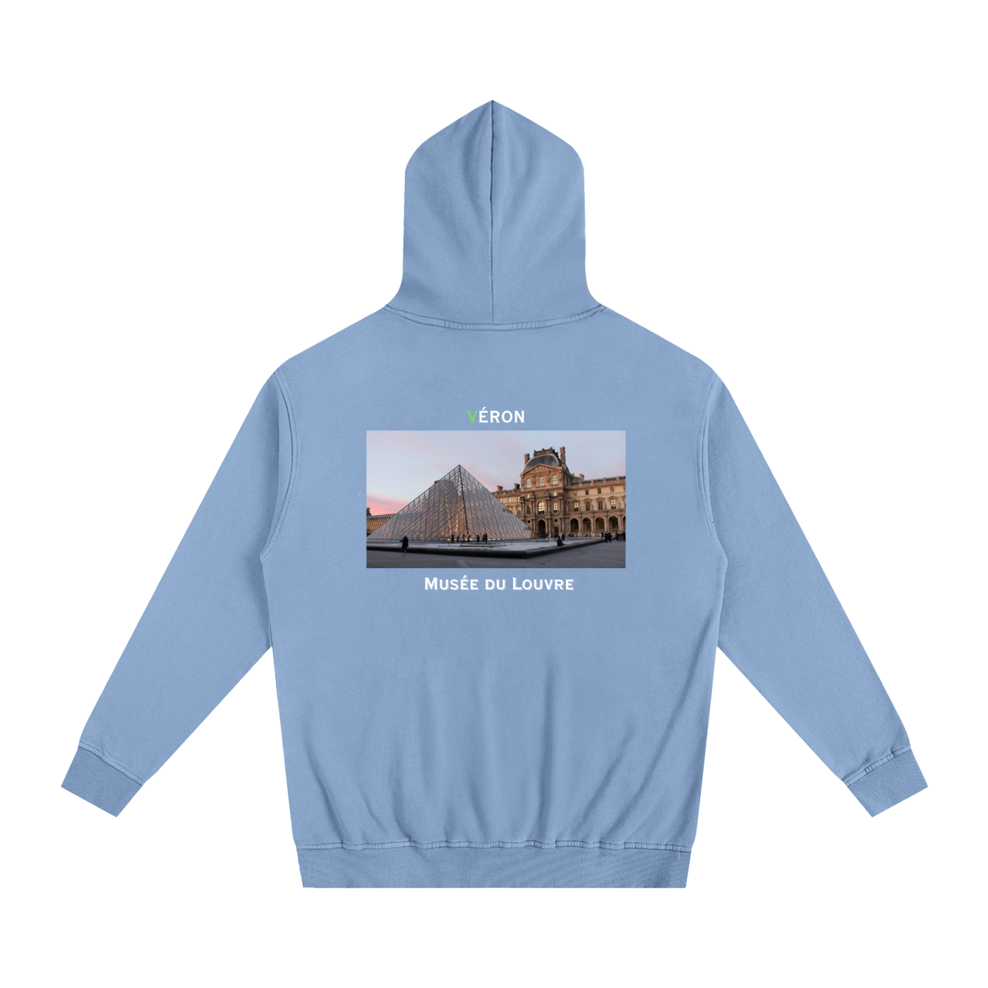 Light blue hoodie with a graphic of the Louvre Museum on the back