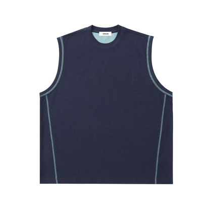 Navy sleeveless shirt with light blue accents on a white background