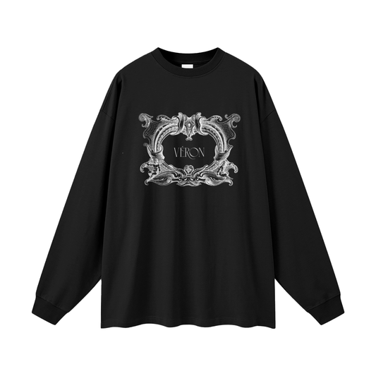 Black long-sleeve shirt with decorative emblem and 'VERON' text on a white background
