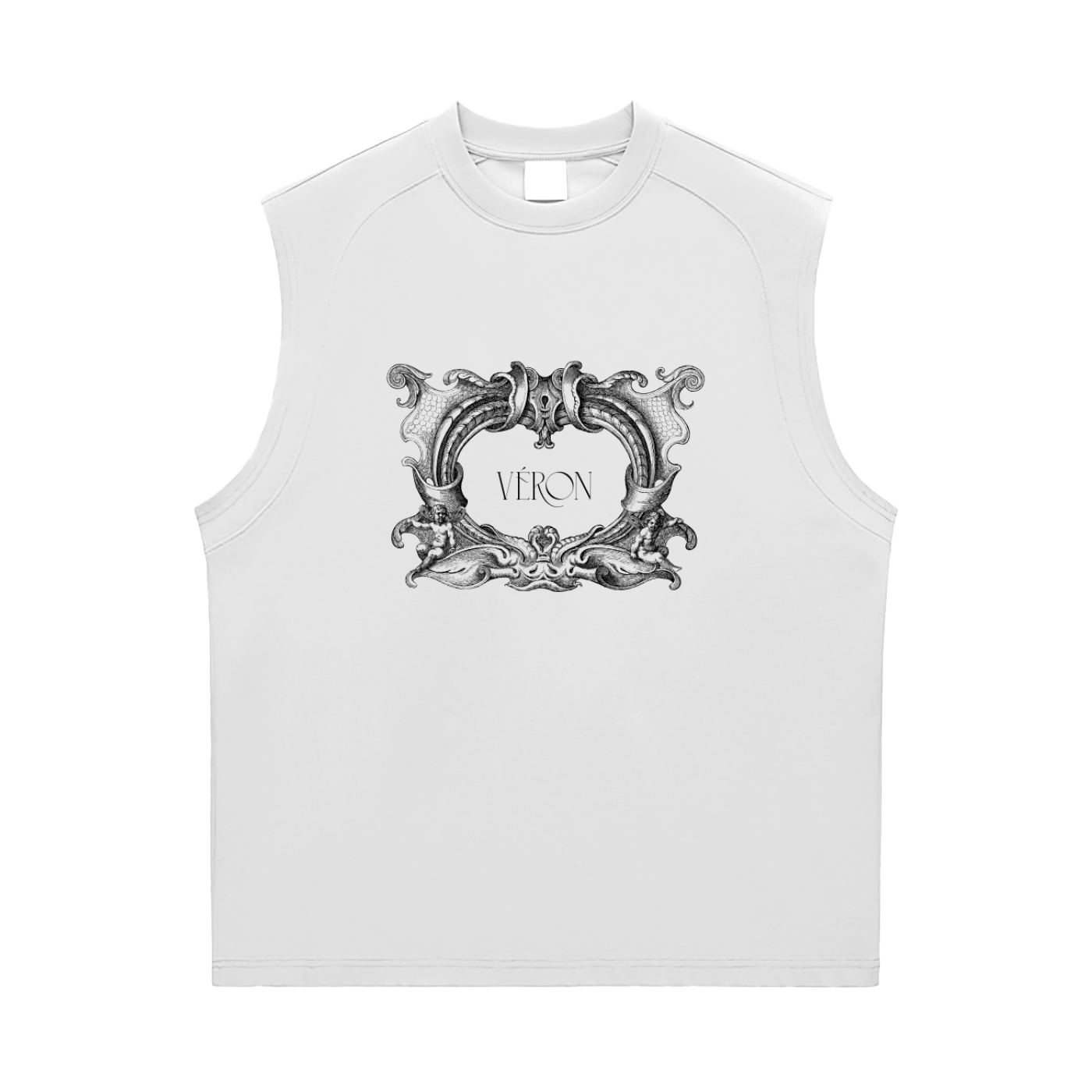 White sleeveless shirt with decorative emblem and 'VERON' text on a white background
