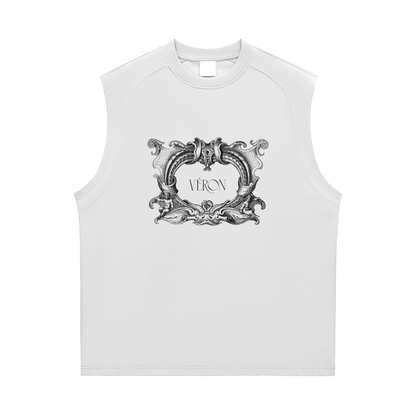 White sleeveless shirt with decorative emblem and 'VERON' text on a white background