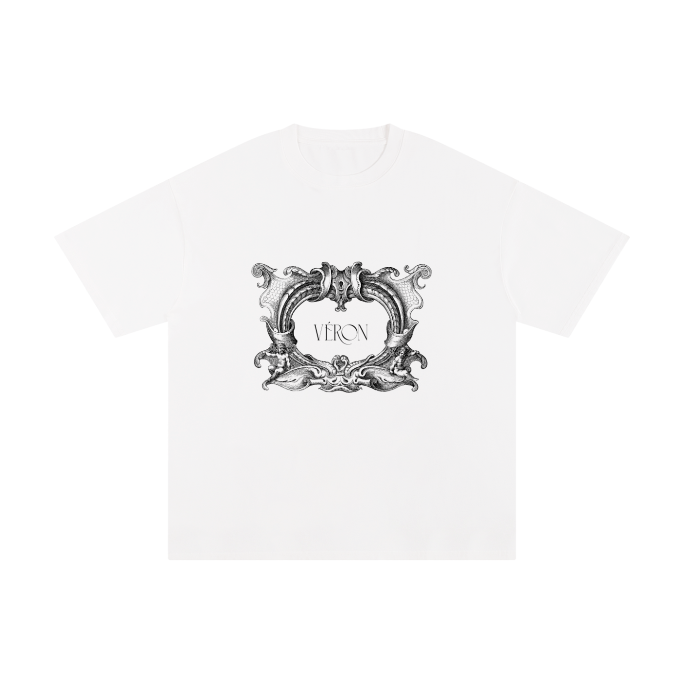 White t-shirt with decorative emblem and 'VERON' text on a white background