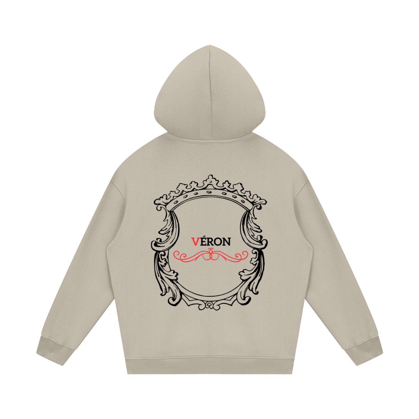 Beige hoodie with decorative back design and 'Véron' text on a white background