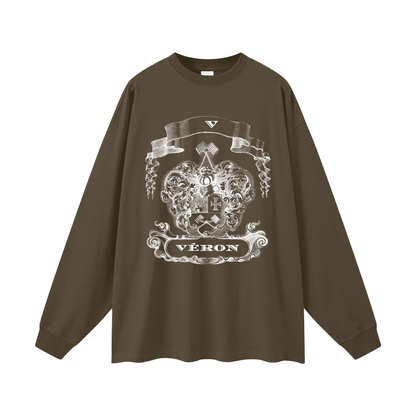 Brown long-sleeve shirt with white graphic design on a white background