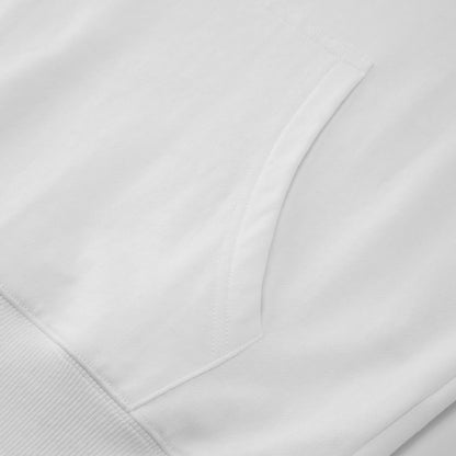 Close-up of a white hoodie with a focus on the neckline and shoulder area.