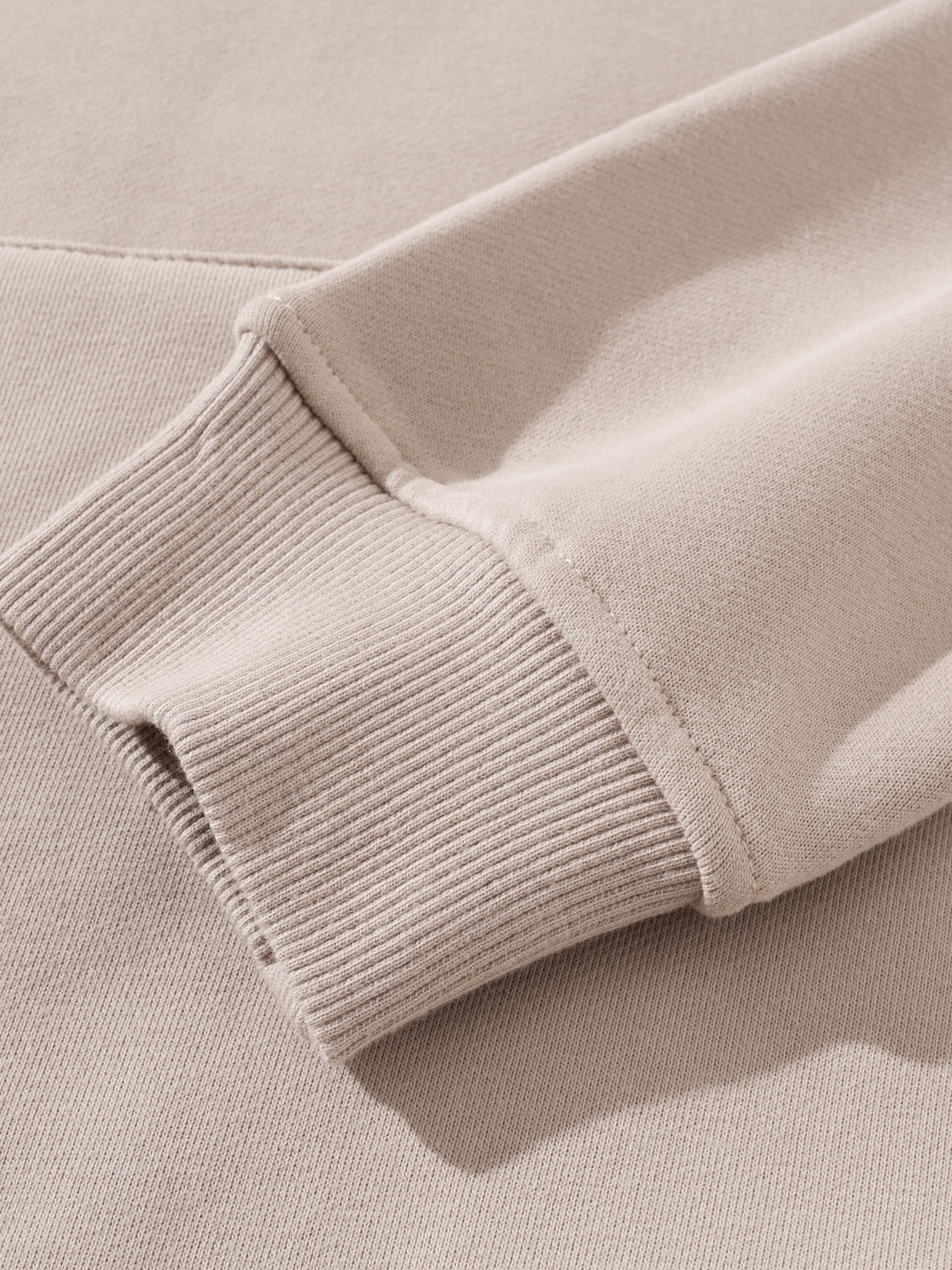 Close-up of a beige sweater sleeve with ribbed texture.