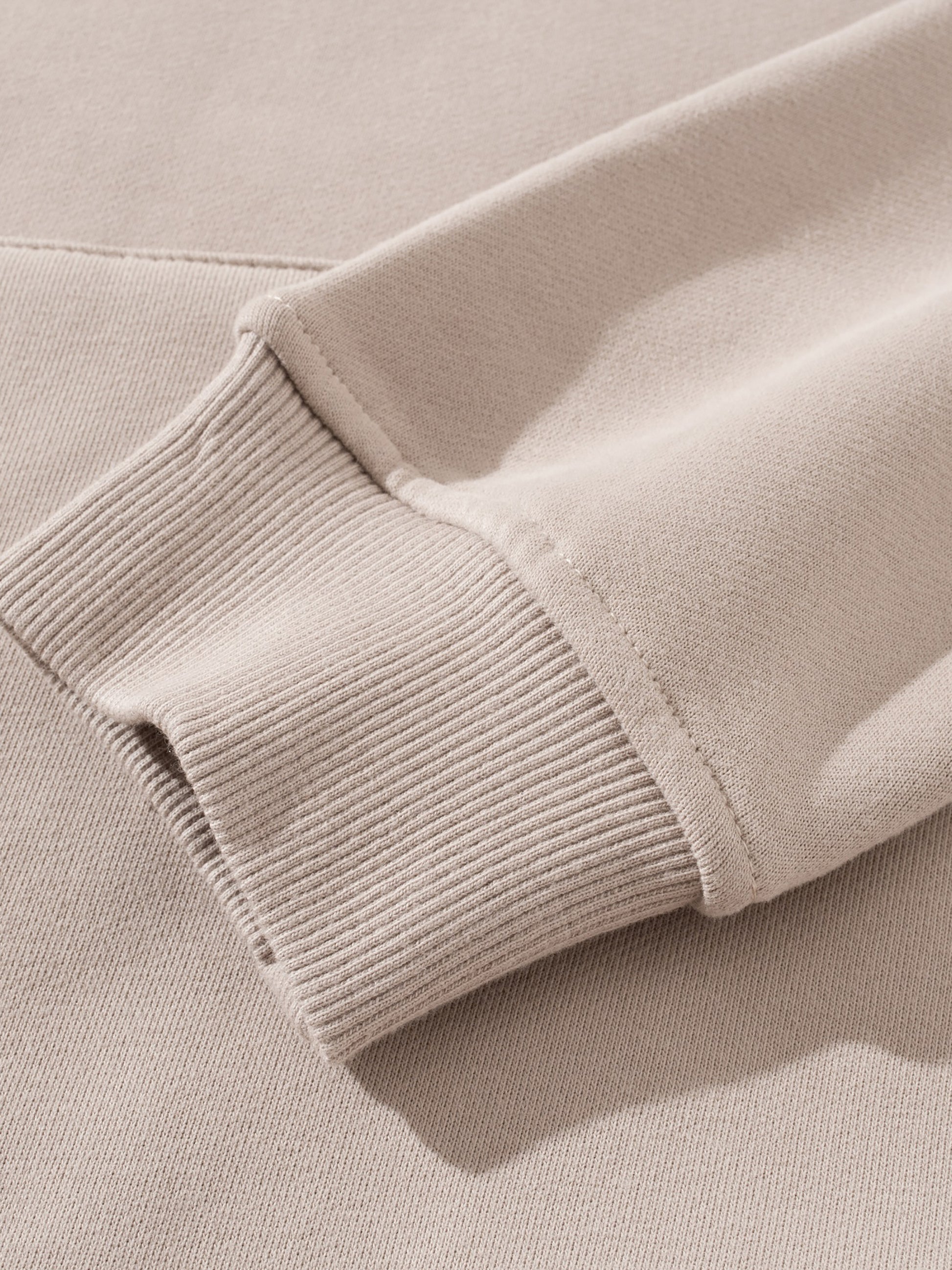 Close-up of a beige sweater sleeve with ribbed texture.