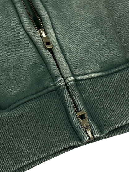 Close-up of a green jacket zipper on a white background