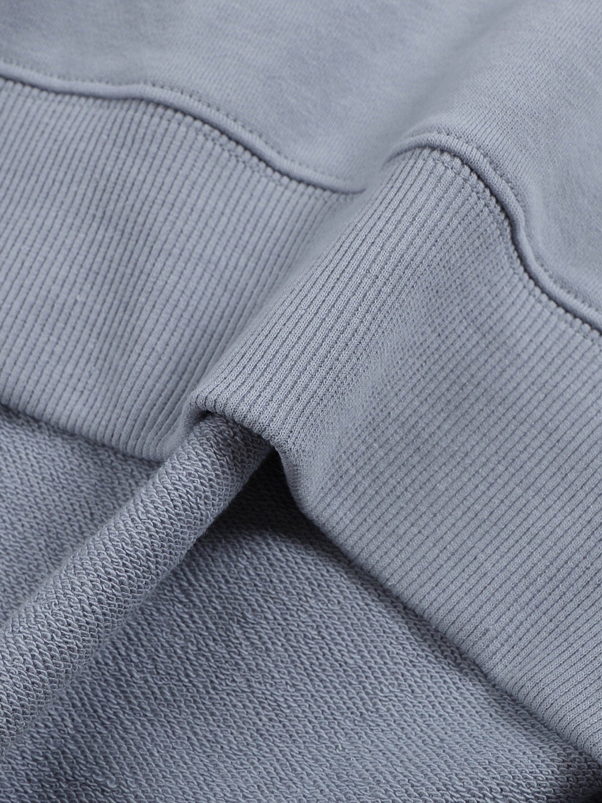 Close-up of a gray sweatshirt with a focus on texture and stitching.
