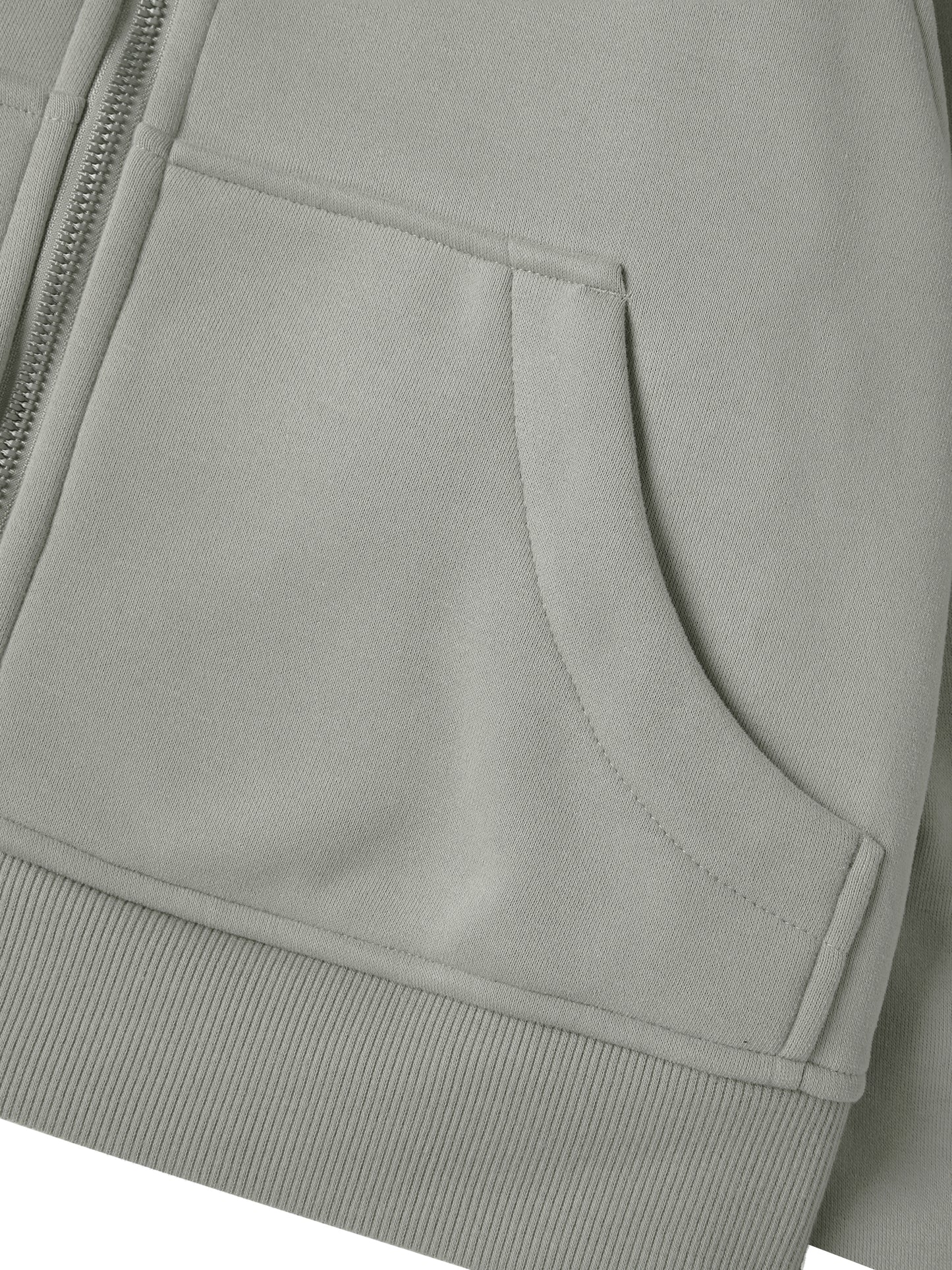 Close-up of a gray jacket with a pocket and zipper
