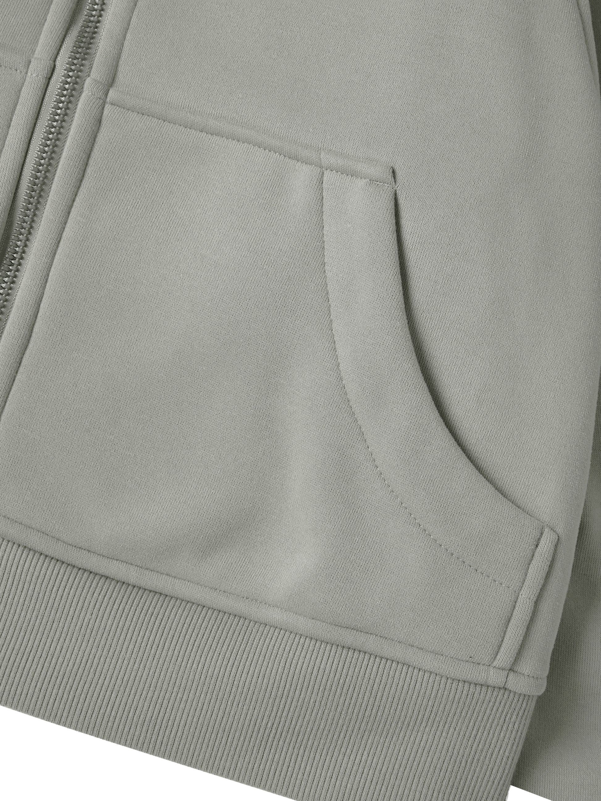 Close-up of a gray jacket with a pocket and zipper